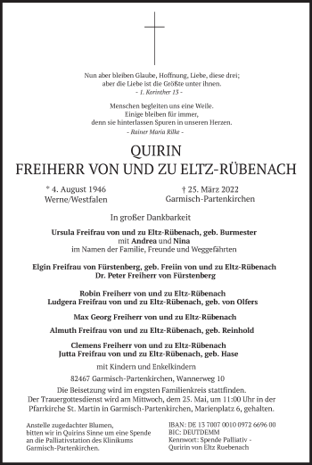 Traueranzeige von Quirin Freiherr von und zu Eltz-Rübenach von merkurtz