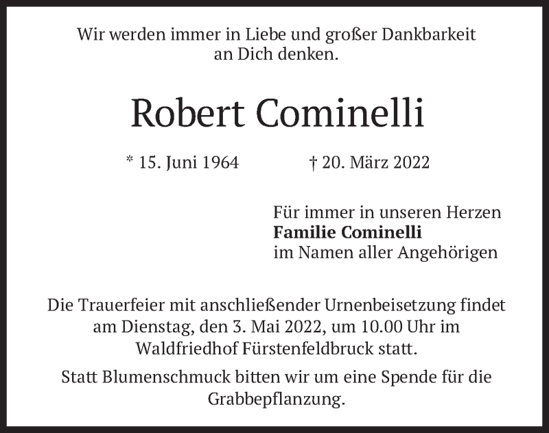 Traueranzeige für Robert Cominelli vom 23.04.2022 aus merkurtz