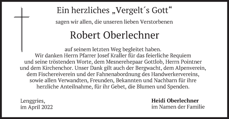  Traueranzeige für Robert Oberlechner vom 23.04.2022 aus merkurtz