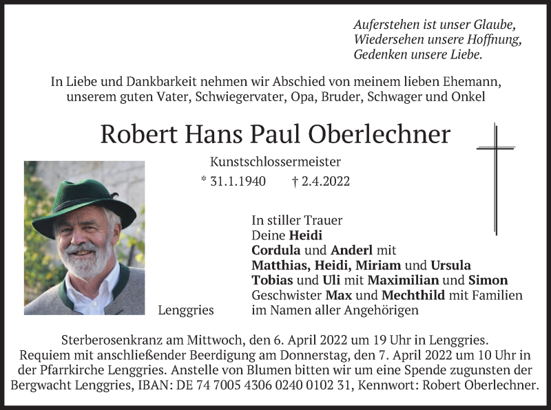  Traueranzeige für Robert Hans Paul Oberlechner vom 05.04.2022 aus merkurtz