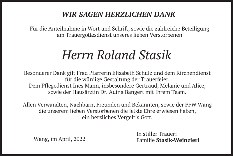  Traueranzeige für Roland Stasik vom 02.04.2022 aus merkurtz
