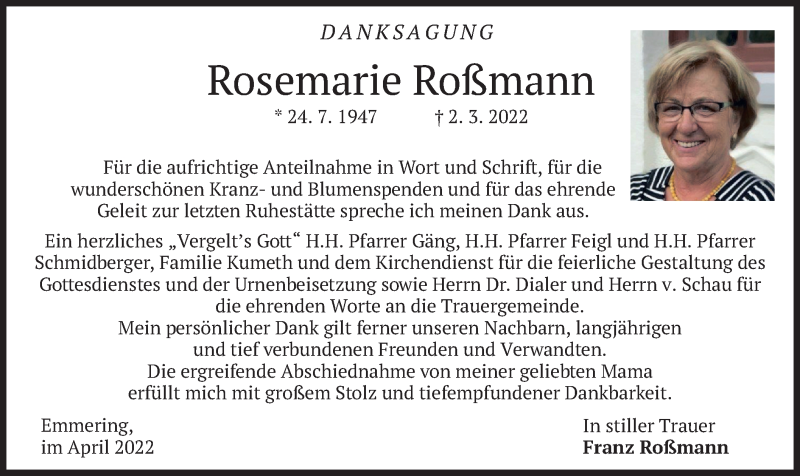 Traueranzeigen von Rosemarie Roßmann | trauer.merkur.de