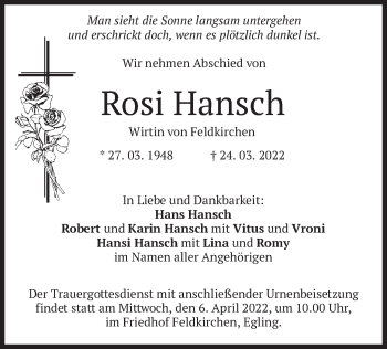 Traueranzeige von Rosi Hansch von merkurtz