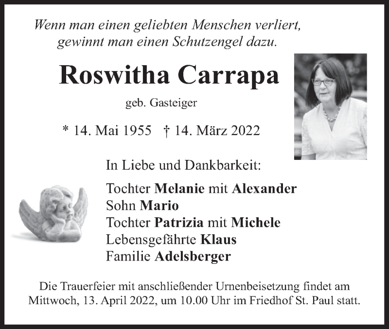  Traueranzeige für Roswitha Carrapa vom 02.04.2022 aus merkurtz