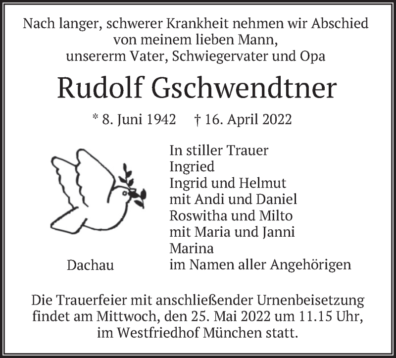  Traueranzeige für Rudolf Gschwendtner vom 23.04.2022 aus merkurtz