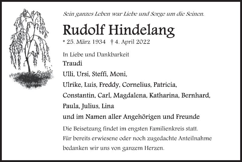  Traueranzeige für Rudolf Hindelang vom 09.04.2022 aus merkurtz