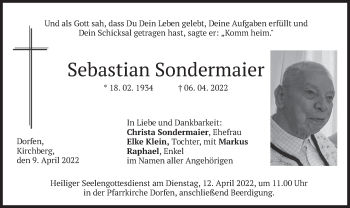Traueranzeige von Sebastian Sondermaier von merkurtz