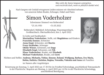 Traueranzeige von Simon Voderholzer von merkurtz