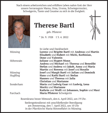 Traueranzeige von Therese Bartl von merkurtz