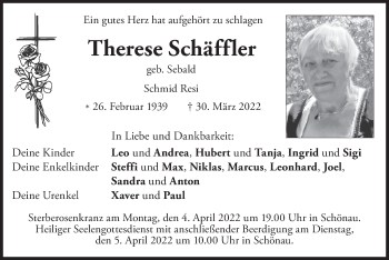 Traueranzeige von Therese Schäffler
