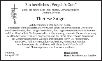 Traueranzeige von Therese Singer von merkurtz