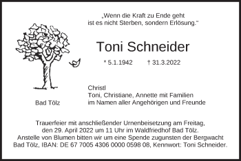 Traueranzeige von Toni Schneider von merkurtz