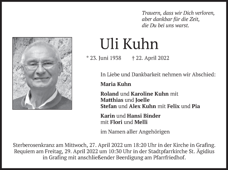  Traueranzeige für Uli Kuhn vom 26.04.2022 aus merkurtz
