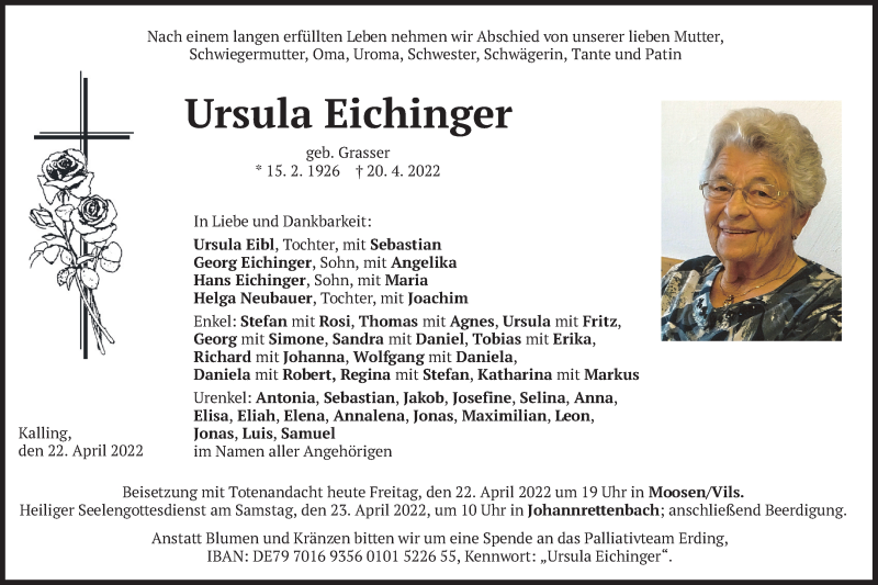  Traueranzeige für Ursula Eichinger vom 22.04.2022 aus merkurtz