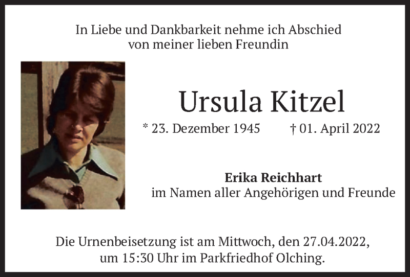  Traueranzeige für Ursula Kitzel vom 23.04.2022 aus merkurtz