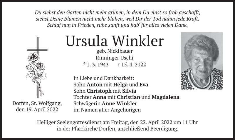  Traueranzeige für Ursula Winkler vom 19.04.2022 aus merkurtz