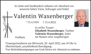 Traueranzeige von Valentin Waxenberger von merkurtz