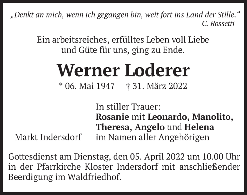  Traueranzeige für Werner Loderer vom 04.04.2022 aus merkurtz