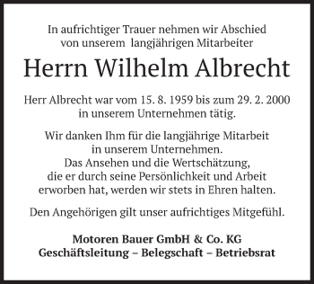 Traueranzeige von Wilhelm Albrecht von merkurtz