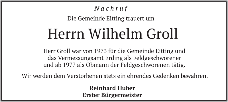  Traueranzeige für Wilhelm Groll vom 05.04.2022 aus merkurtz