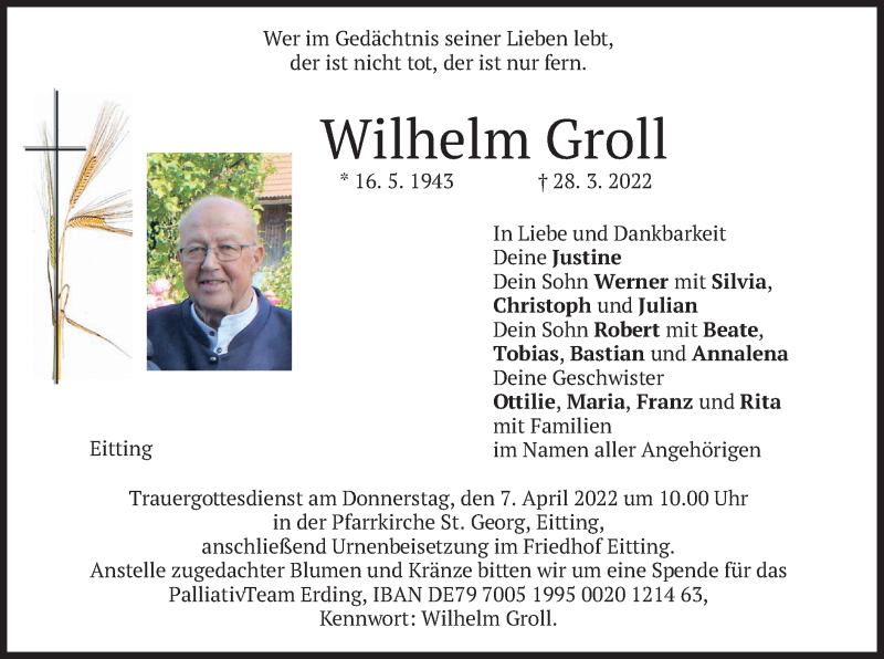  Traueranzeige für Wilhelm Groll vom 05.04.2022 aus merkurtz
