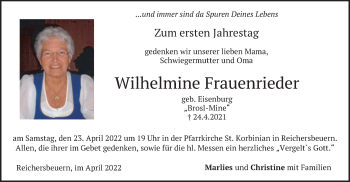 Traueranzeige von Wilhelmine Frauenrieder von merkurtz