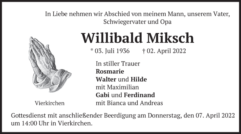 Traueranzeige für Willibald Miksch vom 04.04.2022 aus merkurtz