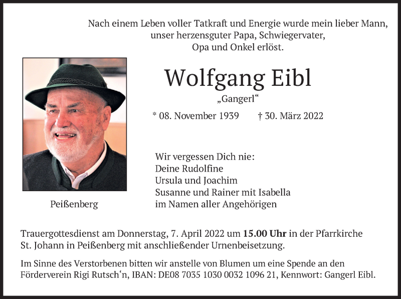  Traueranzeige für Wolfgang Eibl vom 02.04.2022 aus merkurtz