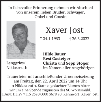 Traueranzeige von Xaver Jost von merkurtz