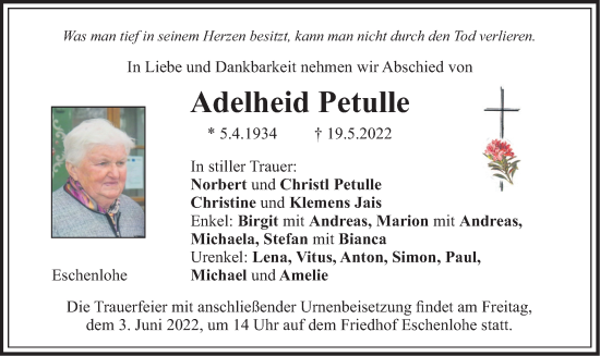 Traueranzeige von Adelheid Petulle von merkurtz