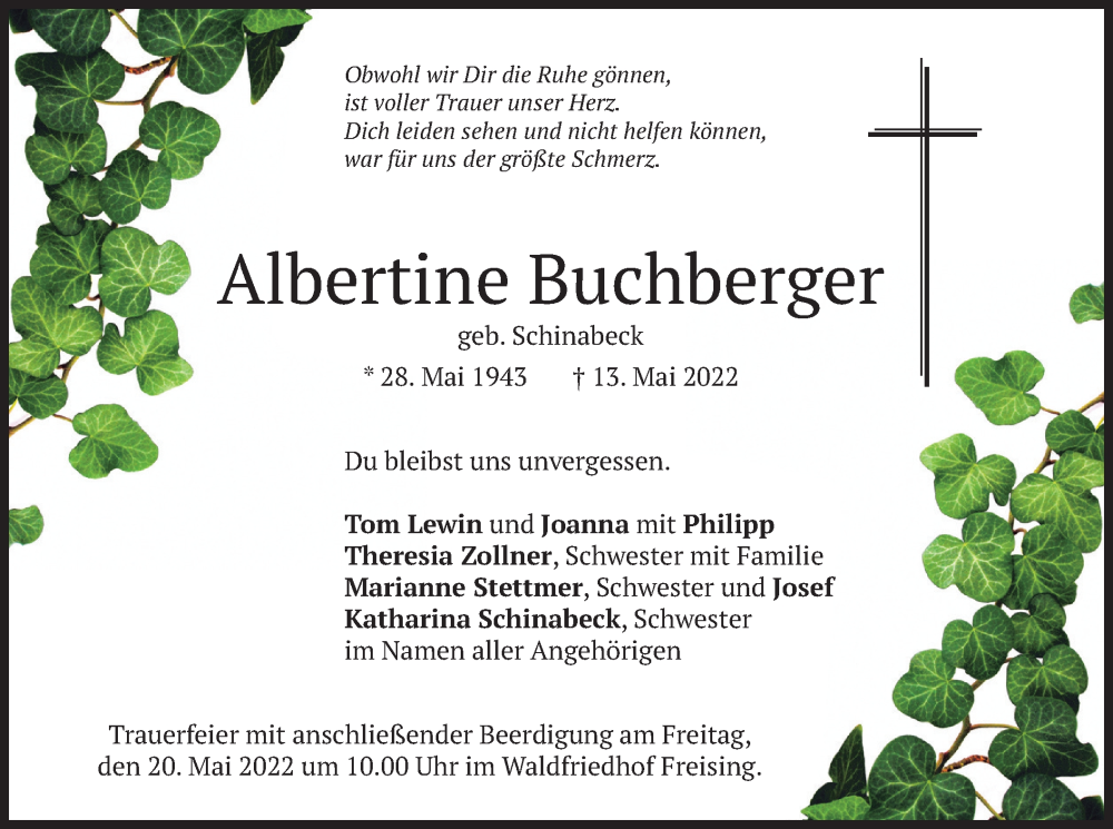  Traueranzeige für Albertine Buchberger vom 18.05.2022 aus merkurtz