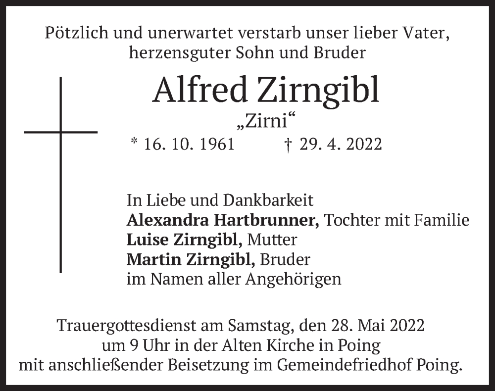  Traueranzeige für Alfred Zirngibl vom 21.05.2022 aus merkurtz