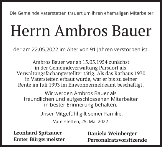 Traueranzeige von Ambros Bauer von merkurtz