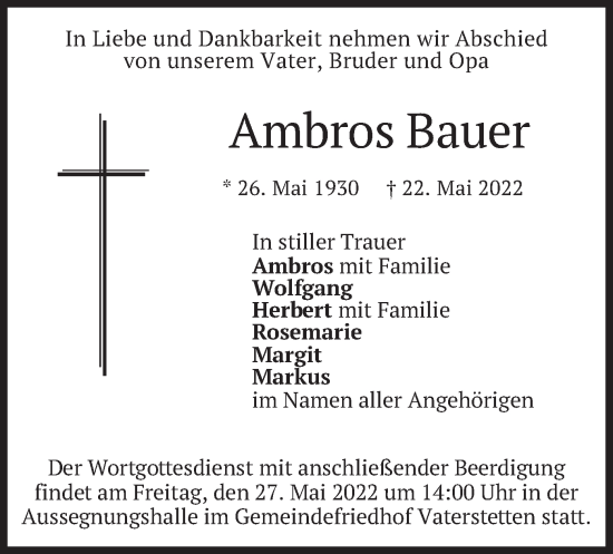 Traueranzeige von Ambros Bauer von merkurtz