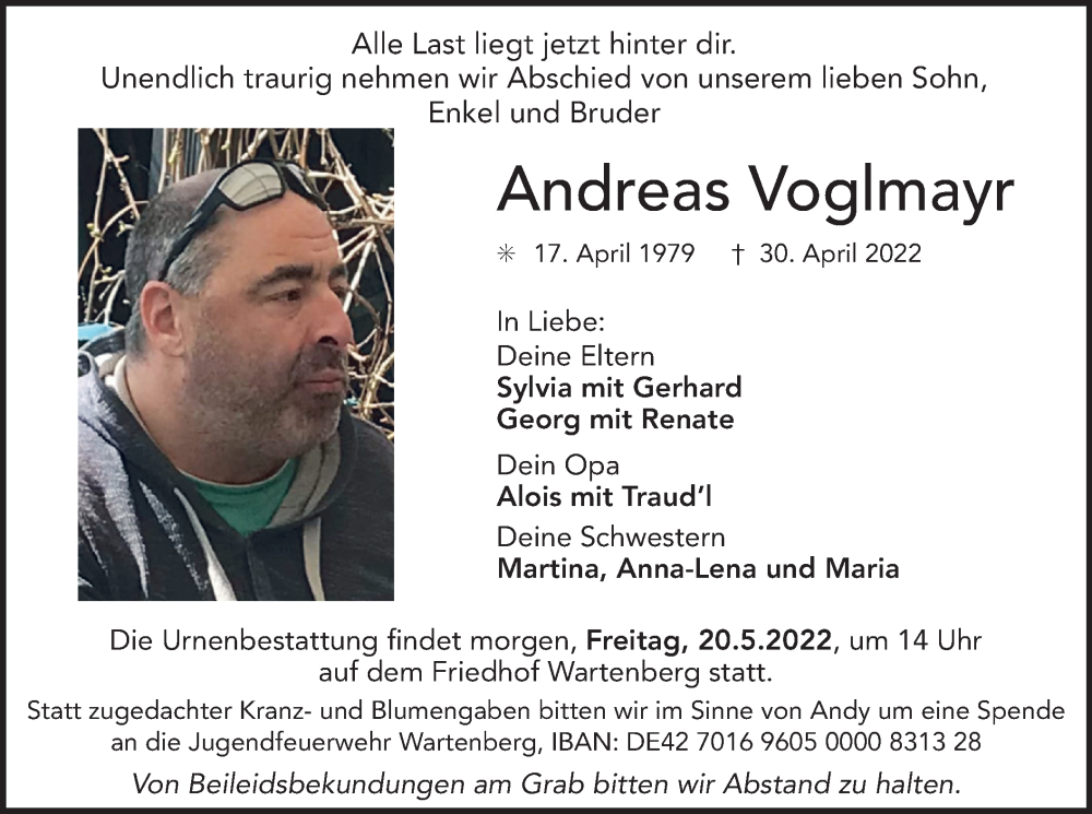  Traueranzeige für Andreas Voglmayr vom 19.05.2022 aus merkurtz