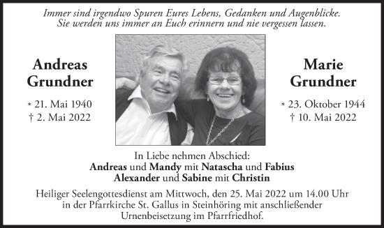 Traueranzeige von Andreas und Marie Grundner