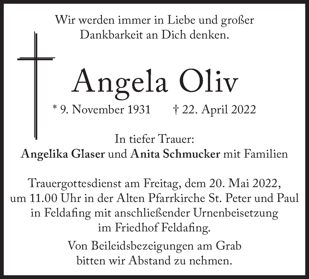  Traueranzeige für Angela Oliv vom 14.05.2022 aus merkurtz