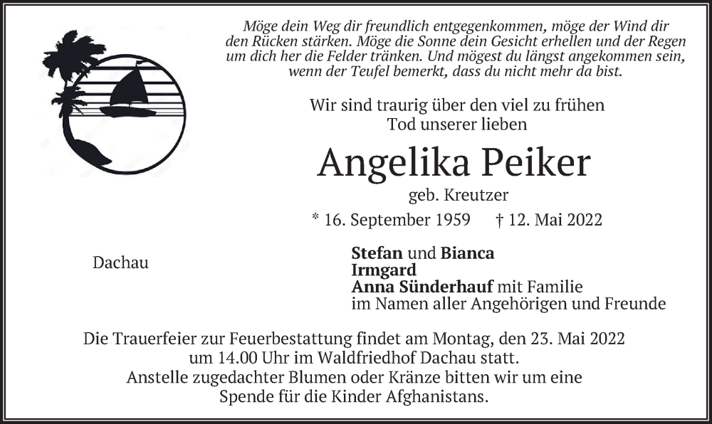  Traueranzeige für Angelika Peiker vom 18.05.2022 aus merkurtz