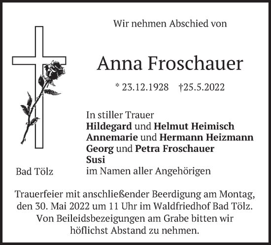Traueranzeige von Anna Froschauer von merkurtz