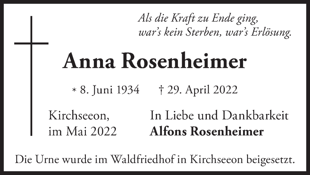  Traueranzeige für Anna Rosenheimer vom 25.05.2022 aus merkurtz