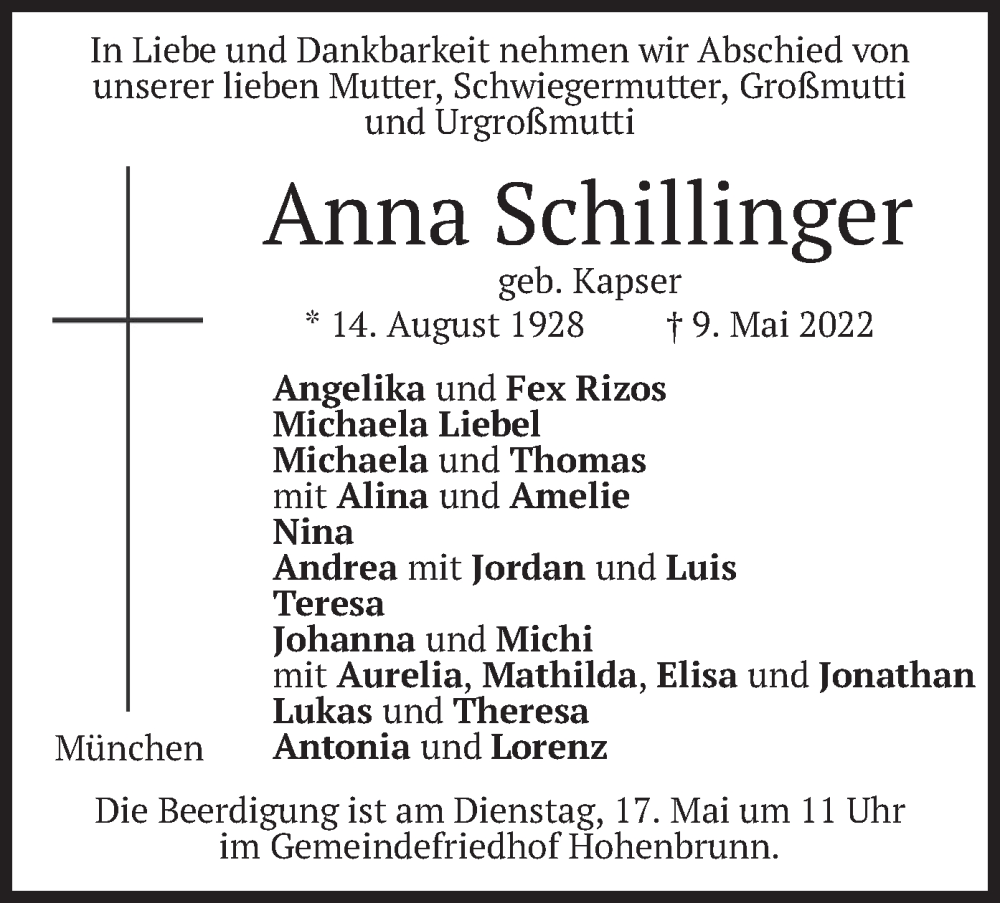  Traueranzeige für Anna Schillinger vom 14.05.2022 aus merkurtz