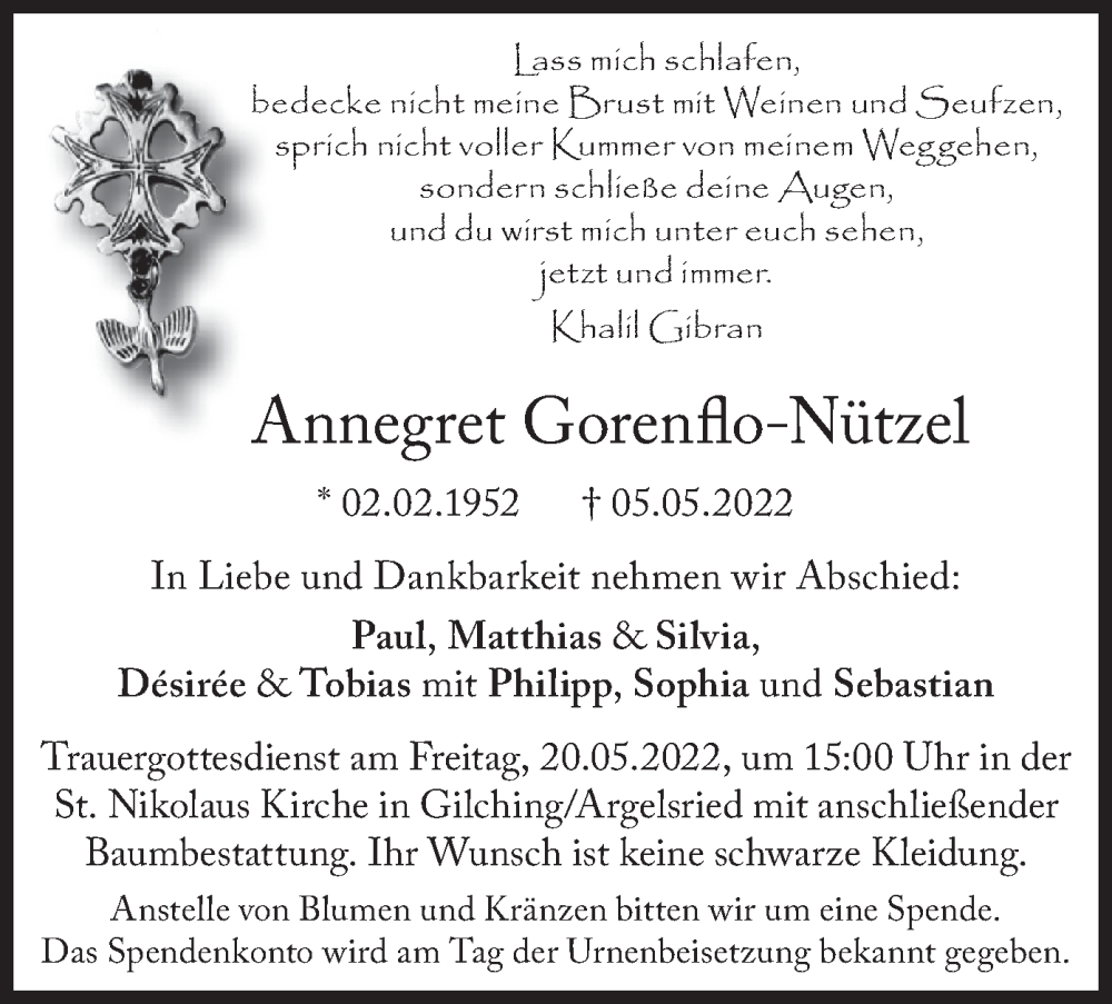  Traueranzeige für Annegret Gorenflo-Nützel vom 14.05.2022 aus merkurtz
