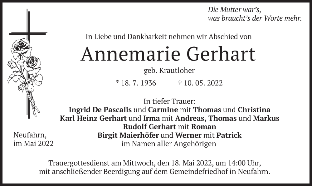  Traueranzeige für Annemarie Gerhart vom 14.05.2022 aus merkurtz