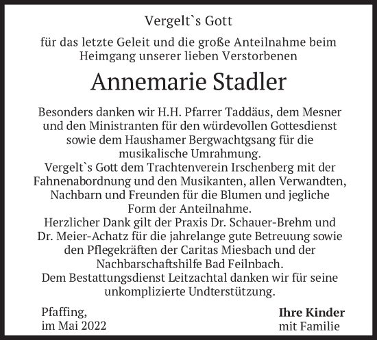 Traueranzeige von Annemarie Stadler von merkurtz