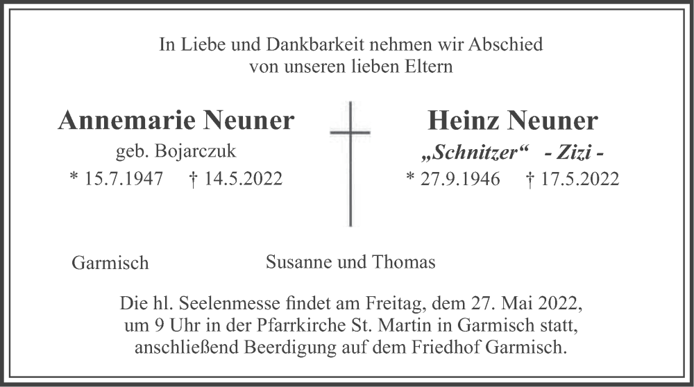  Traueranzeige für Annemarie und Heinz Neuner vom 21.05.2022 aus merkurtz