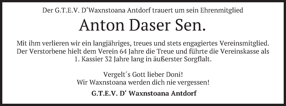  Traueranzeige für Anton Daser vom 21.05.2022 aus merkurtz