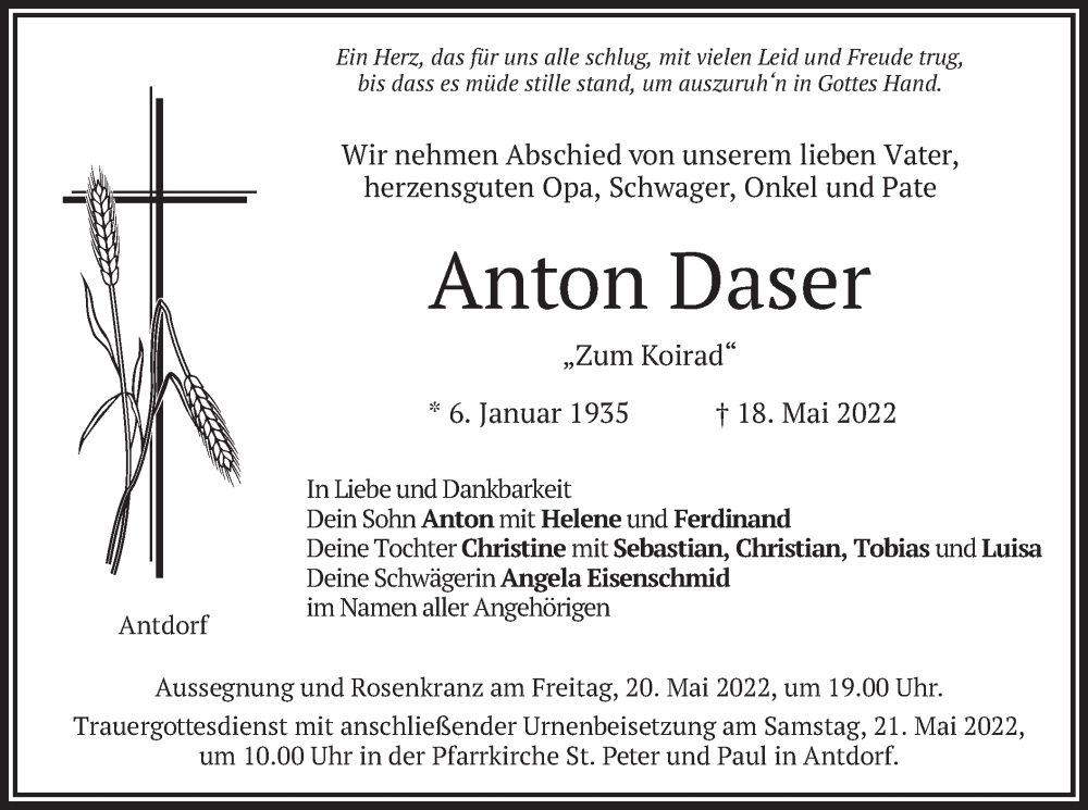  Traueranzeige für Anton Daser vom 19.05.2022 aus merkurtz