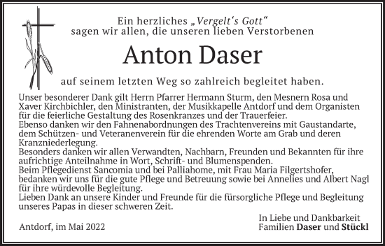 Traueranzeige von Anton Daser von merkurtz