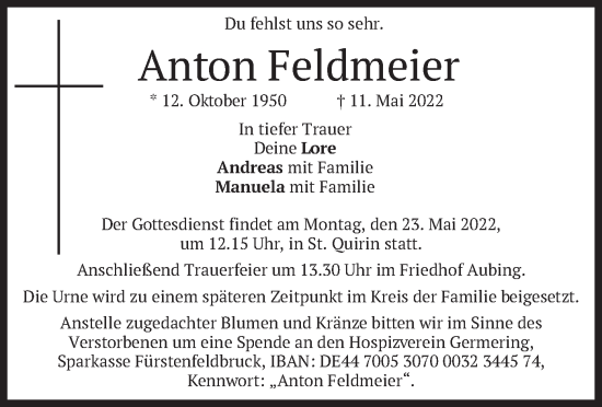 Traueranzeige von Anton Feldmeier von merkurtz