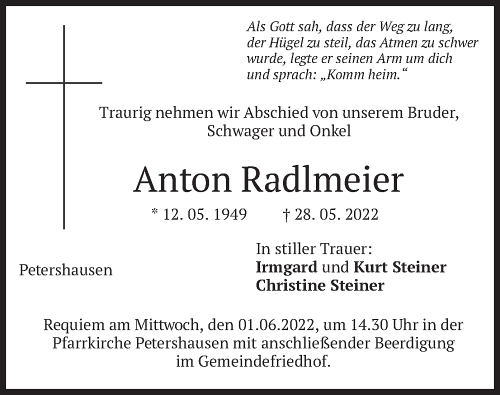  Traueranzeige für Anton Radlmeier vom 30.05.2022 aus merkurtz
